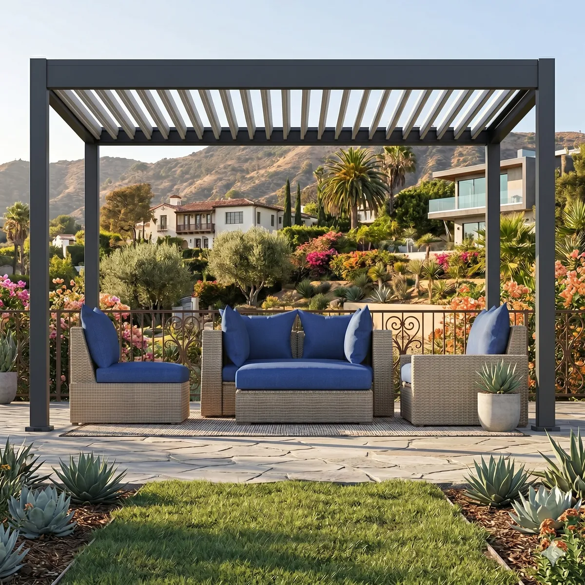 Louvered pergola with blue outdoor furniture